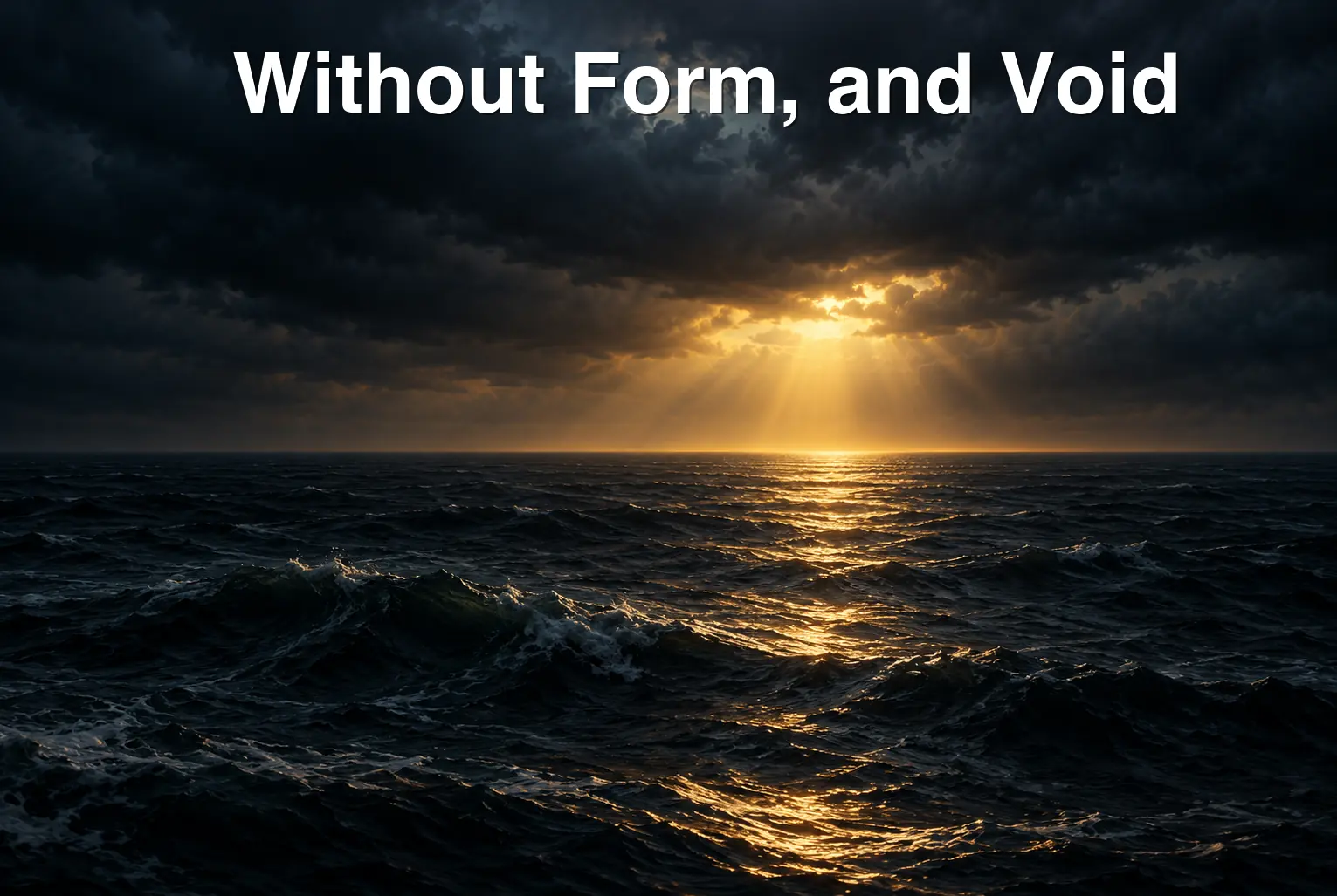 A dark deep under a dim sky, with a single shaft of light breaking over the waters