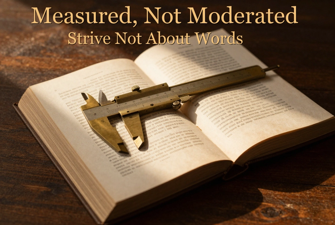 A brass caliper resting open on the page of an old book in warm light