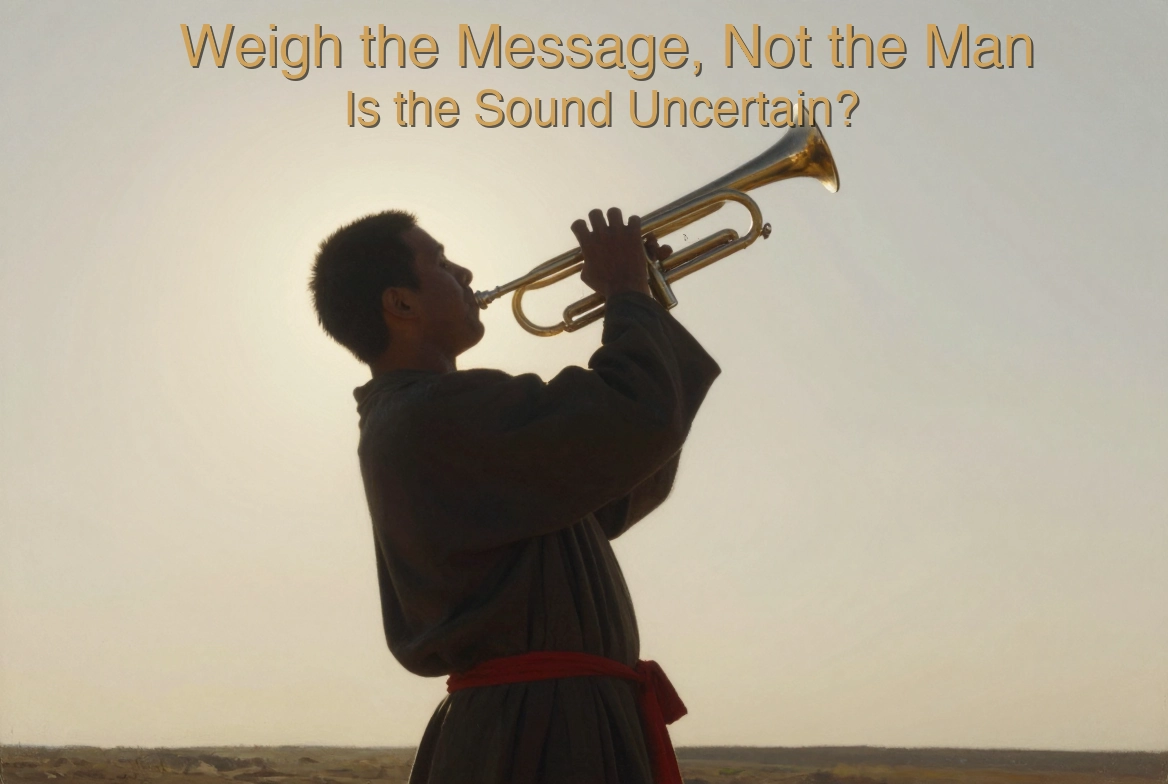 A lone trumpeter silhouetted against warm sky, sounding a straight brass trumpet