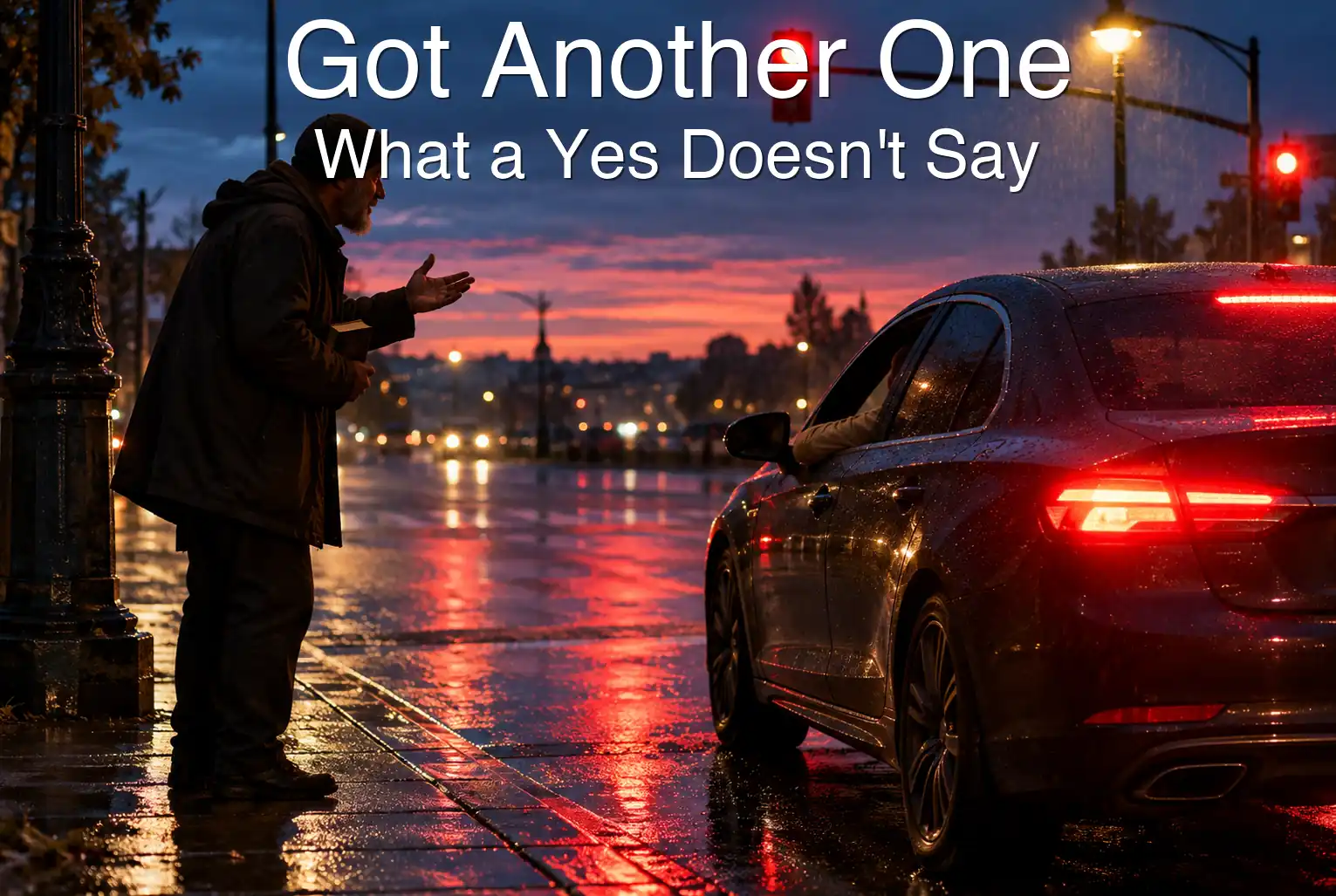 A street preacher speaks to a driver waiting at a red light at dusk