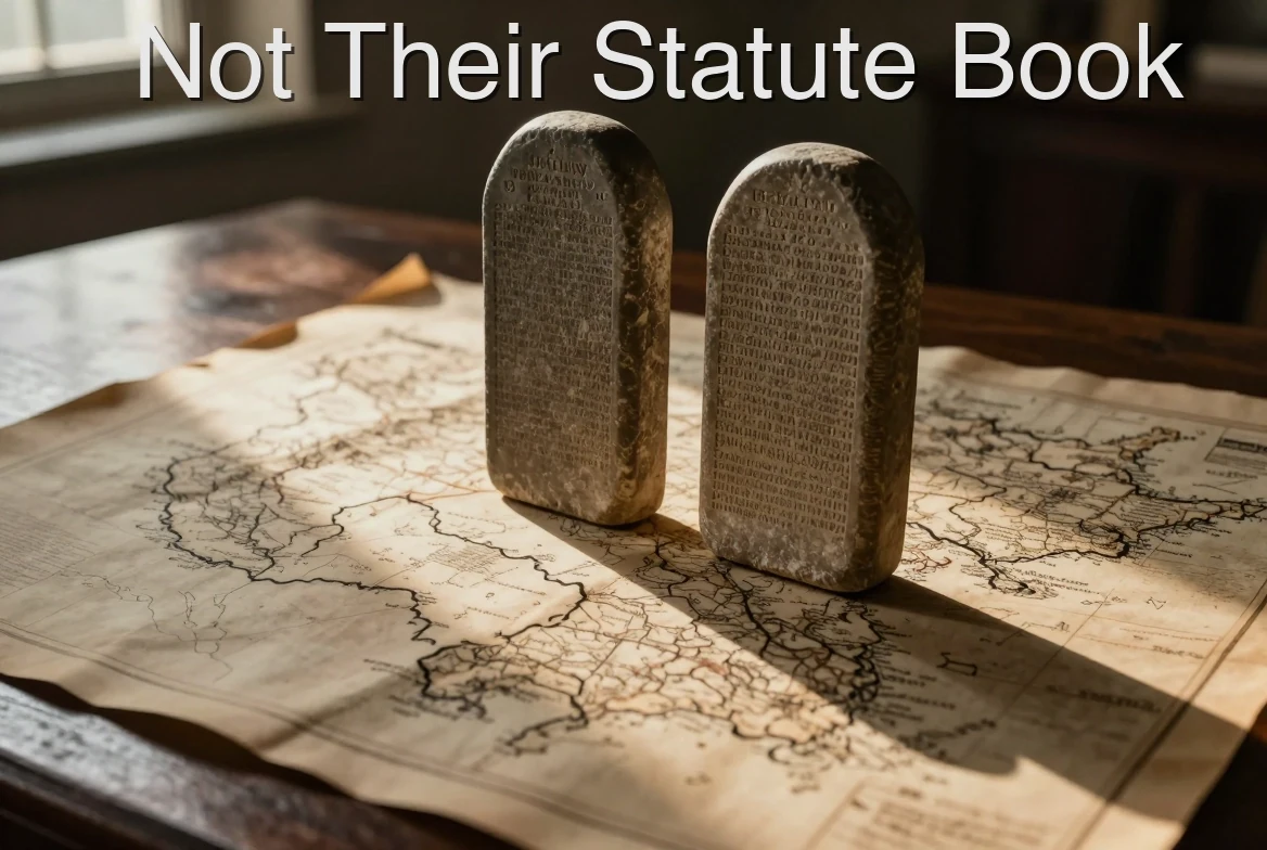 Two stone tablets resting on a map of a modern nation, light falling between them