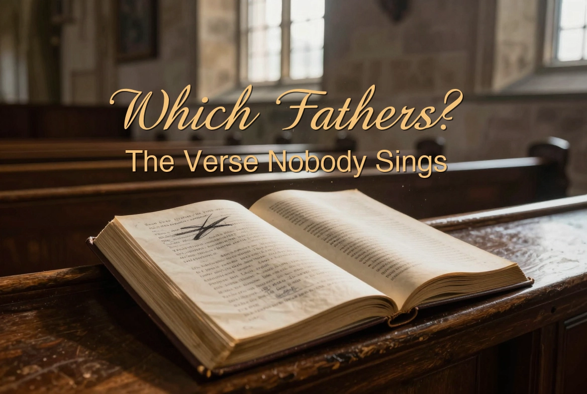A hymnal open on a pew rail, one stanza struck out and rewritten in ink