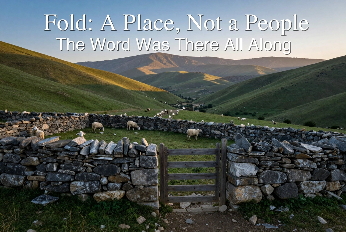 Stone sheepfold on a hillside at dawn with the gate standing open