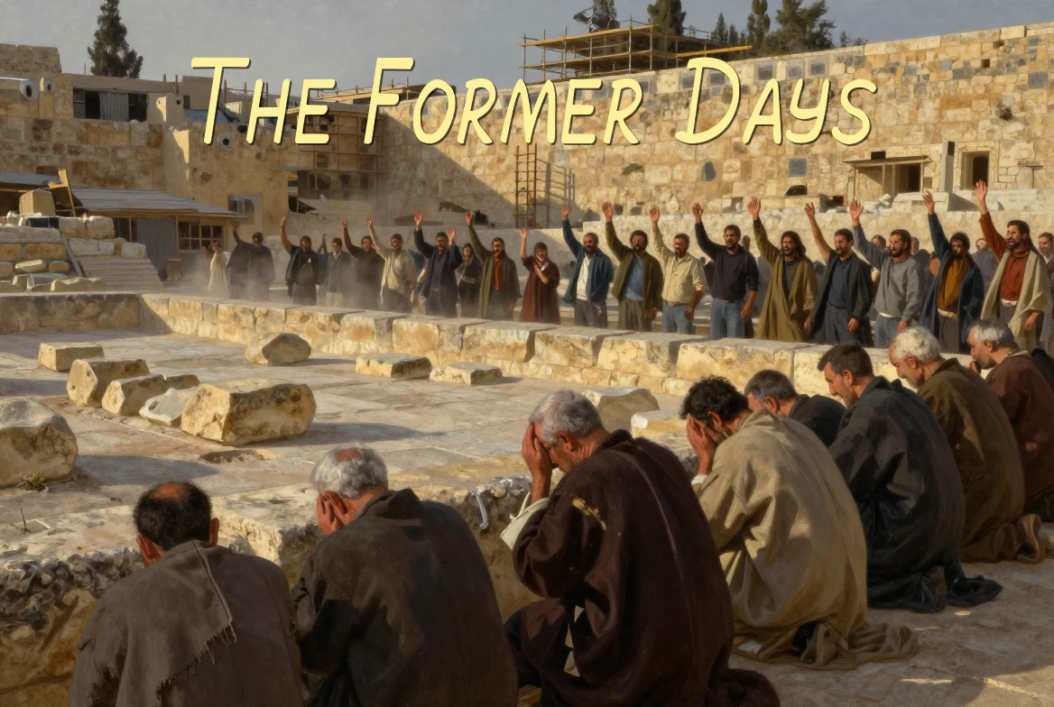 Old men weeping at a new temple foundation while others shout for joy
