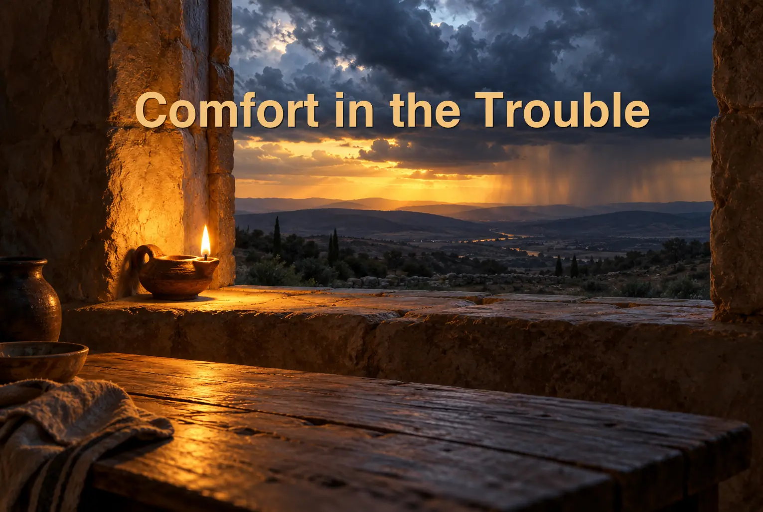 A lamp glowing in a window at dusk as storm clouds clear over the hills