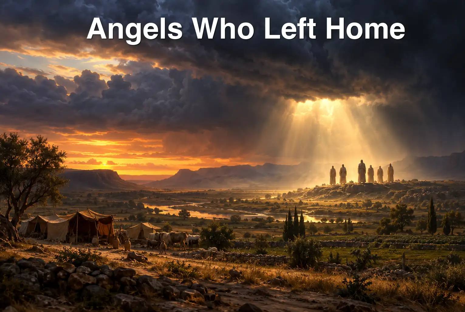 Tall robed figures stand apart on an ancient plain beneath storm clouds