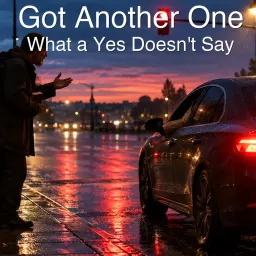 A street preacher speaks to a driver waiting at a red light at dusk