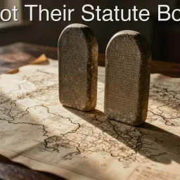 Two stone tablets resting on a map of a modern nation, light falling between them