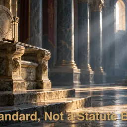 An empty judgment seat in a stone hall, a sword laid across its arm