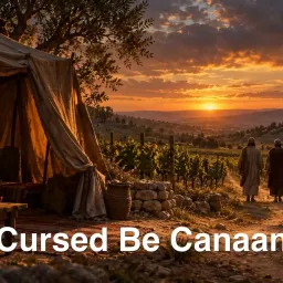 A vineyard and a tent at dusk, with three figures walking away from it