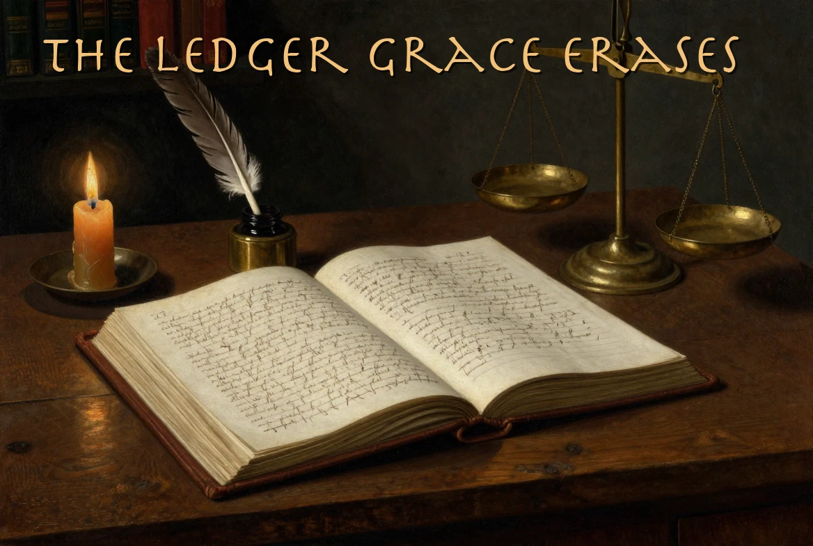An open ledger, quill and inkwell, and brass scales on a desk by candlelight