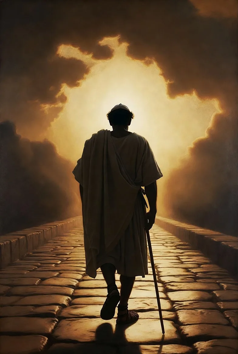 The Apostle Paul, seen from behind, walking a stone road toward a bright light